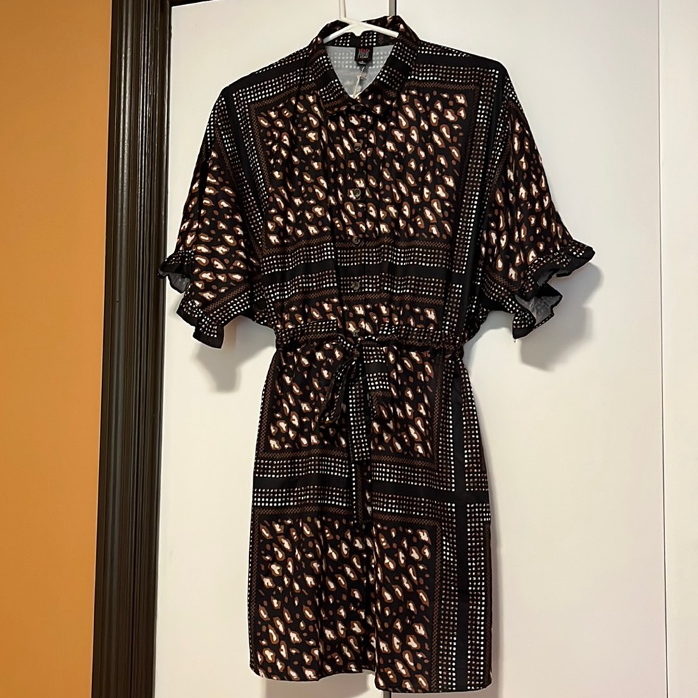 Black and Brown Printed Short Sleeve Shirt Dress